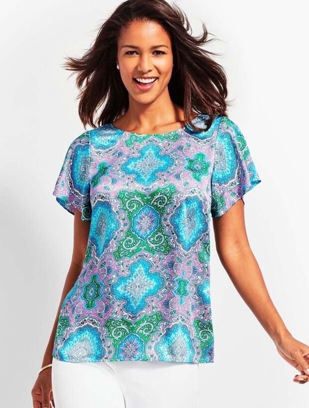 Talbots Women’s Paisley V Neck Back Top Satin Pink Blue Size Small